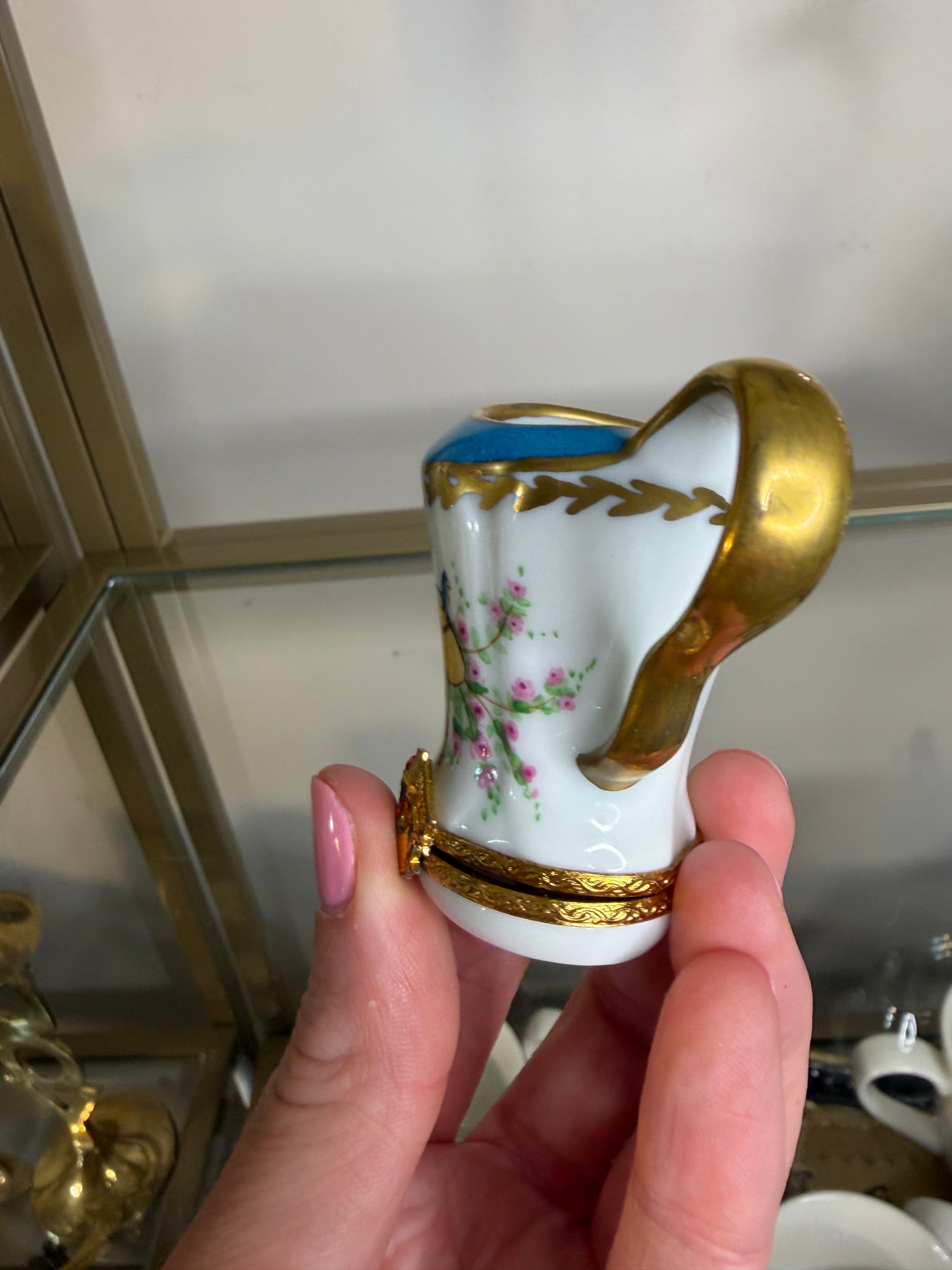 Sweetest handpainted Limoges porcelain watering can trinket box featuring a delicate bird and floral design!