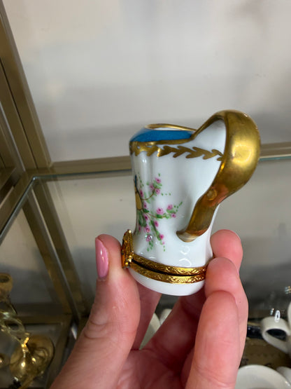 Sweetest handpainted Limoges porcelain watering can trinket box featuring a delicate bird and floral design!