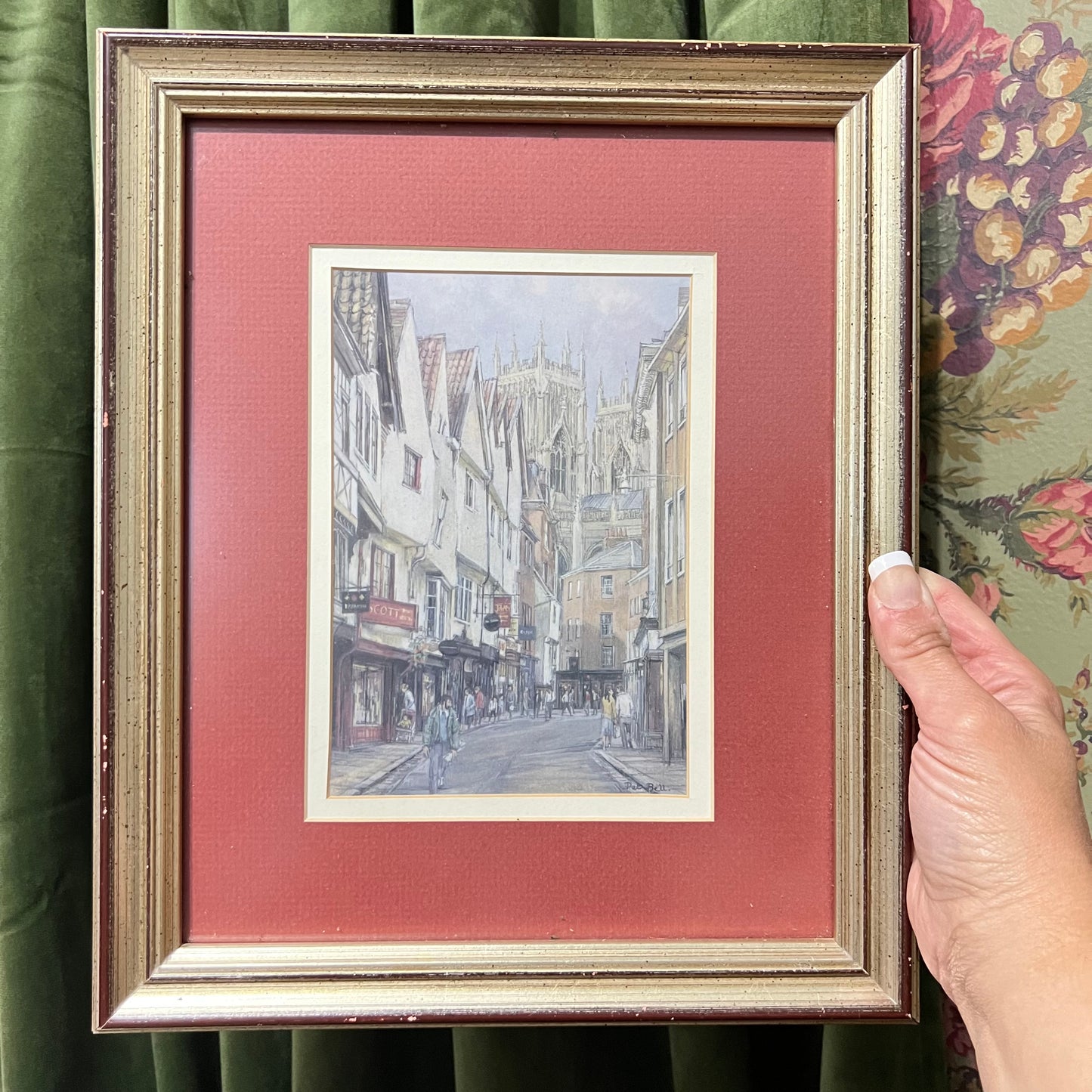 English Art Print Signed by Pat Bell Vintage Street Scape Watercolor Framed