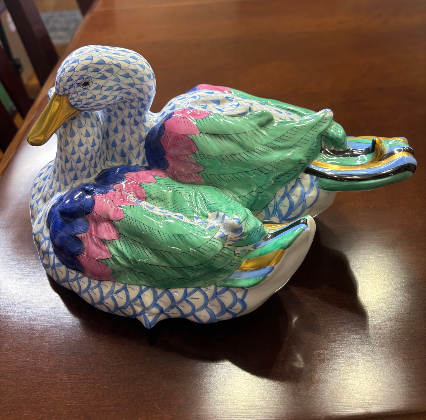 Stunning Herend Loving Ducks in blue and white fishnet with gold and vibrant colors!