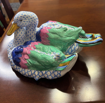 Stunning Herend Loving Ducks in blue and white fishnet with gold and vibrant colors!