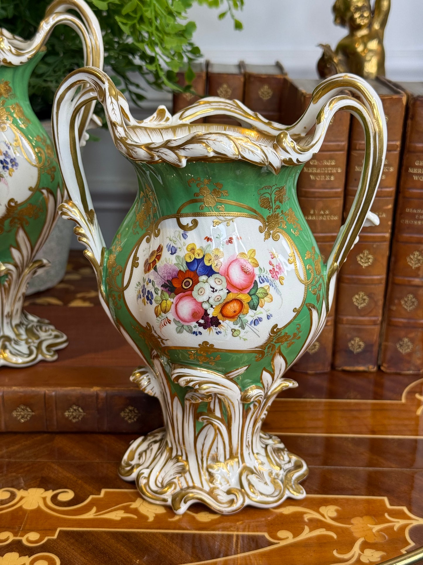 Rare Antique Pair of H.& R. Daniel Apple Green Scenic Vases | Named Views of Attingham Park, Shropshire | English Porcelain | c. 1840 | 8.5"H x 6.5"W x 4" | Style DA4447 (Copy)