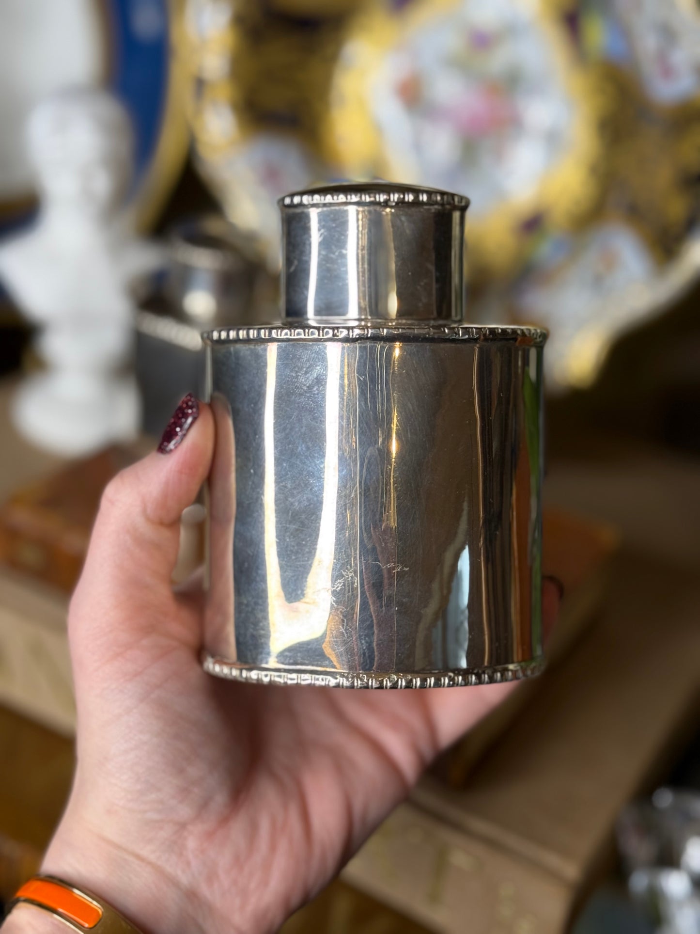 Antique English Silverplate Tea Caddy Set/Pair 4” & 4.5” Tall