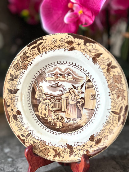 Reserved Live 7/7 Rare Antique Brown Transferware Plate | 19th Century English Chinoiserie “Mongol Huntsman” Falconer Pattern | Staffordshire Earthenware