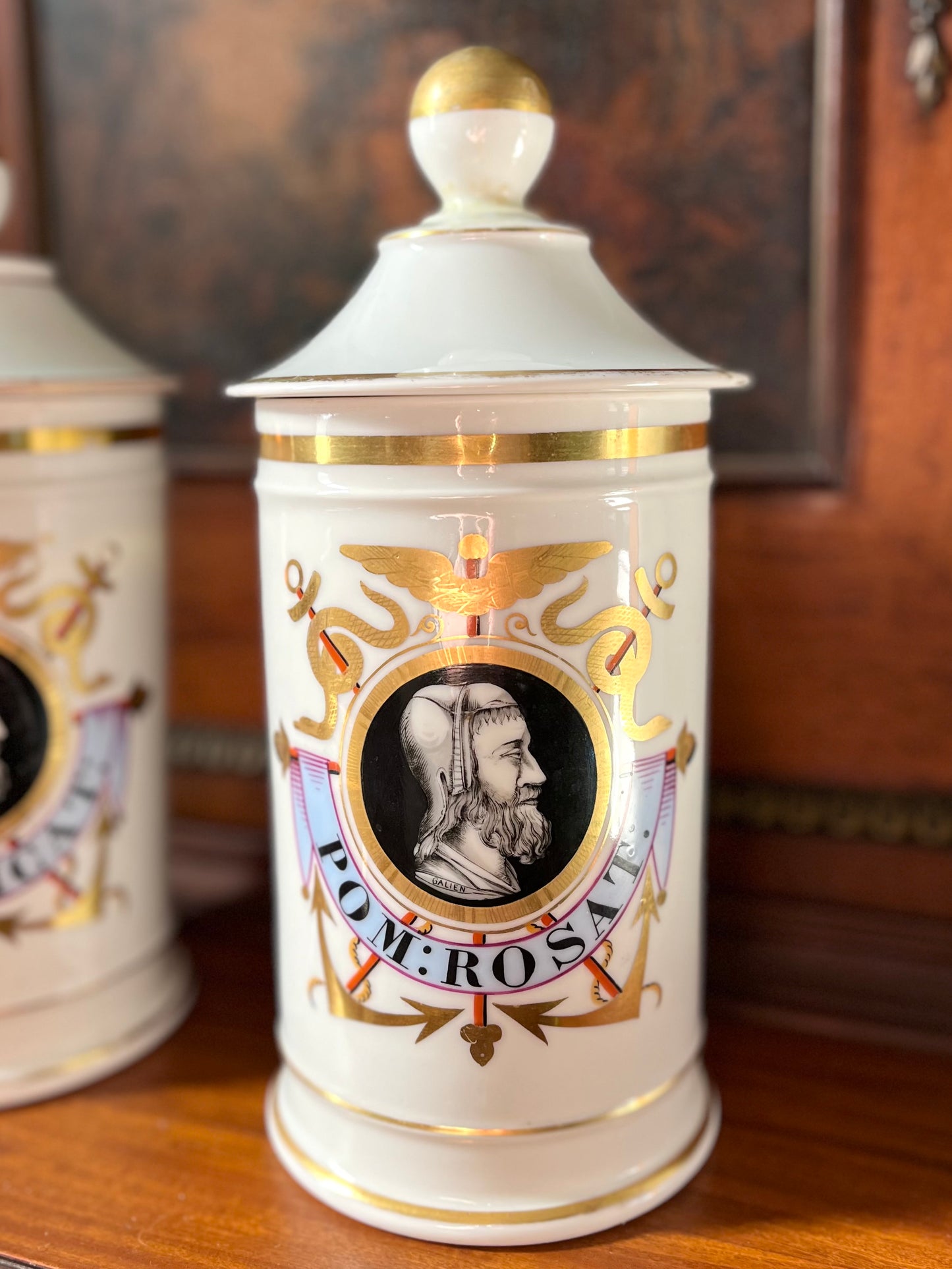 Pair of Antique French Porcelain Apothecary Jars with Portrait Medallions