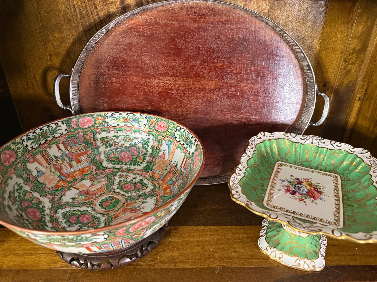 Vintage Rose Medallion 12” Large Hand Painted Punch Bowl with Wood Base Excellent Condition