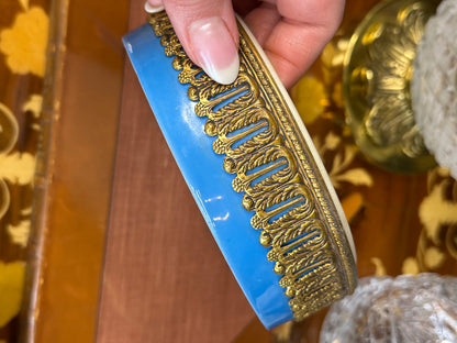 Antique German Porcelain Vanity Box with Gilt Ormolu & Floral Lid | 6”D