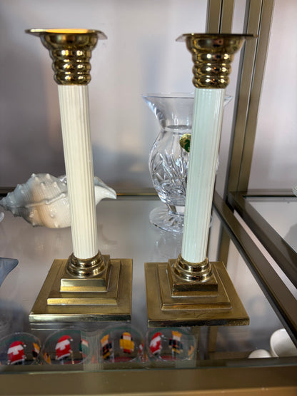 Beautiful brass and ceramic column style candleholders pair!