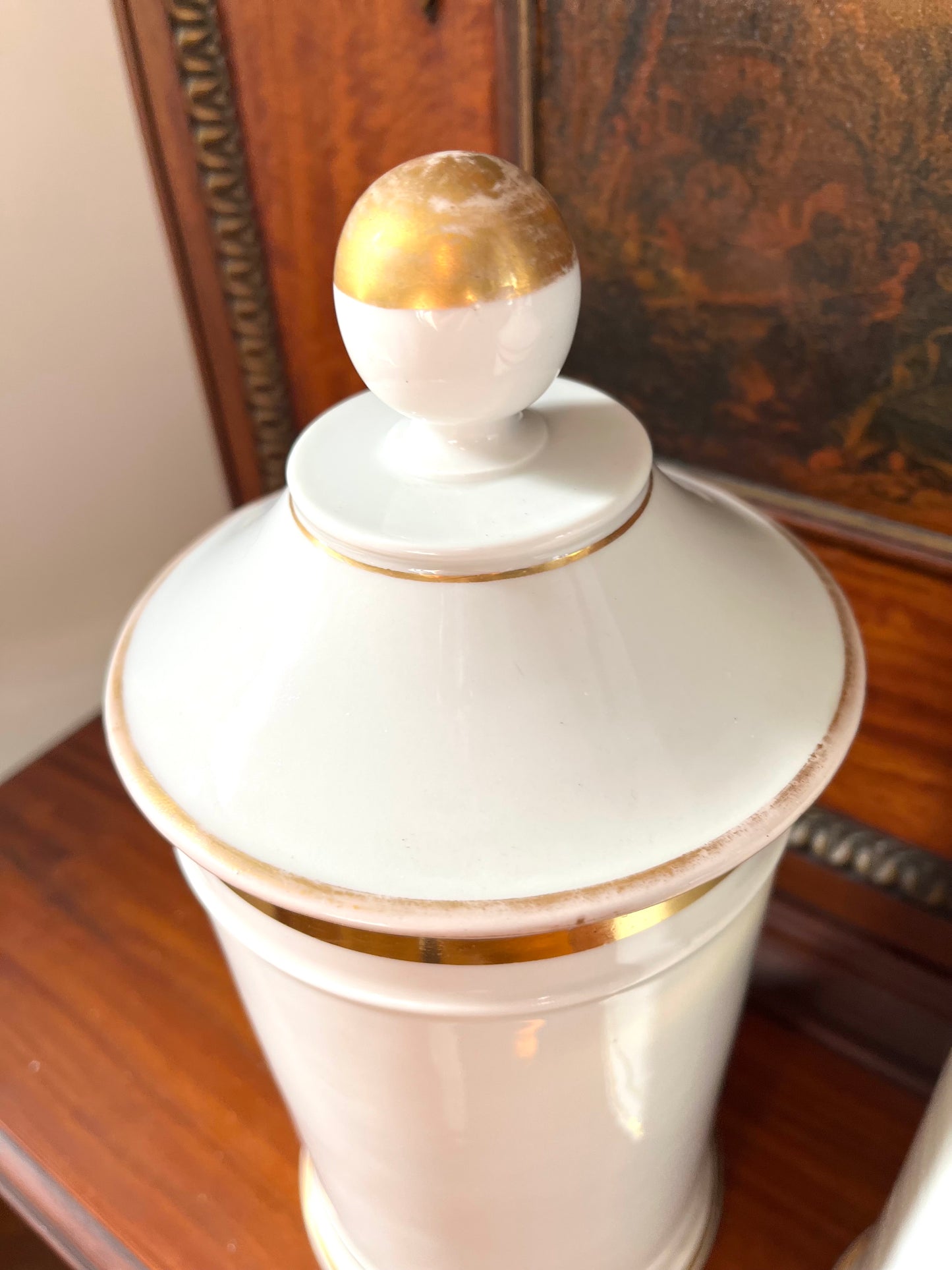 Pair of Antique French Porcelain Apothecary Jars with Portrait Medallions