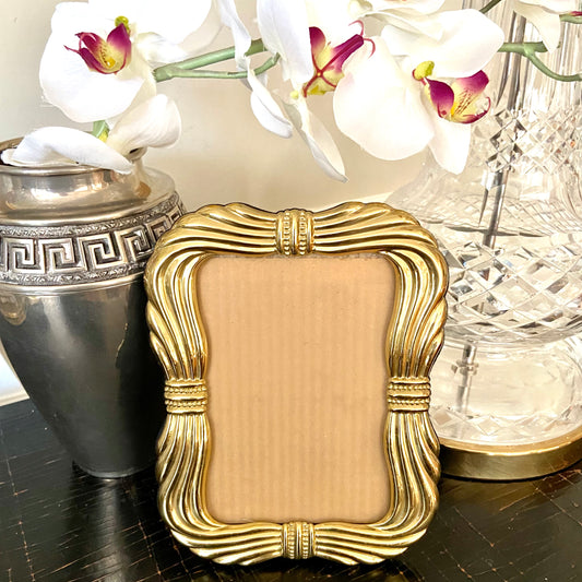 Vintage shiny lacquered brass wavy bow photo frame, 5x7” - Excellent!