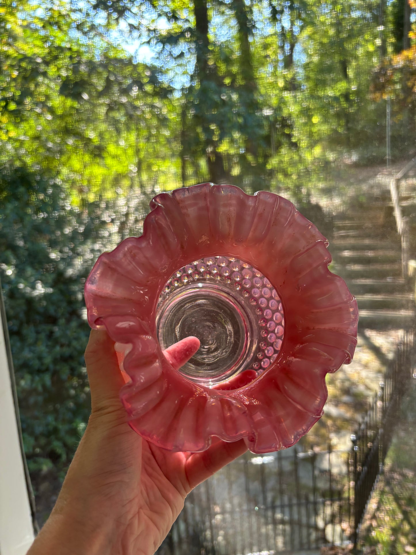 Beautiful Fenton Hobnob Cranberry Vase with ruffled edges!