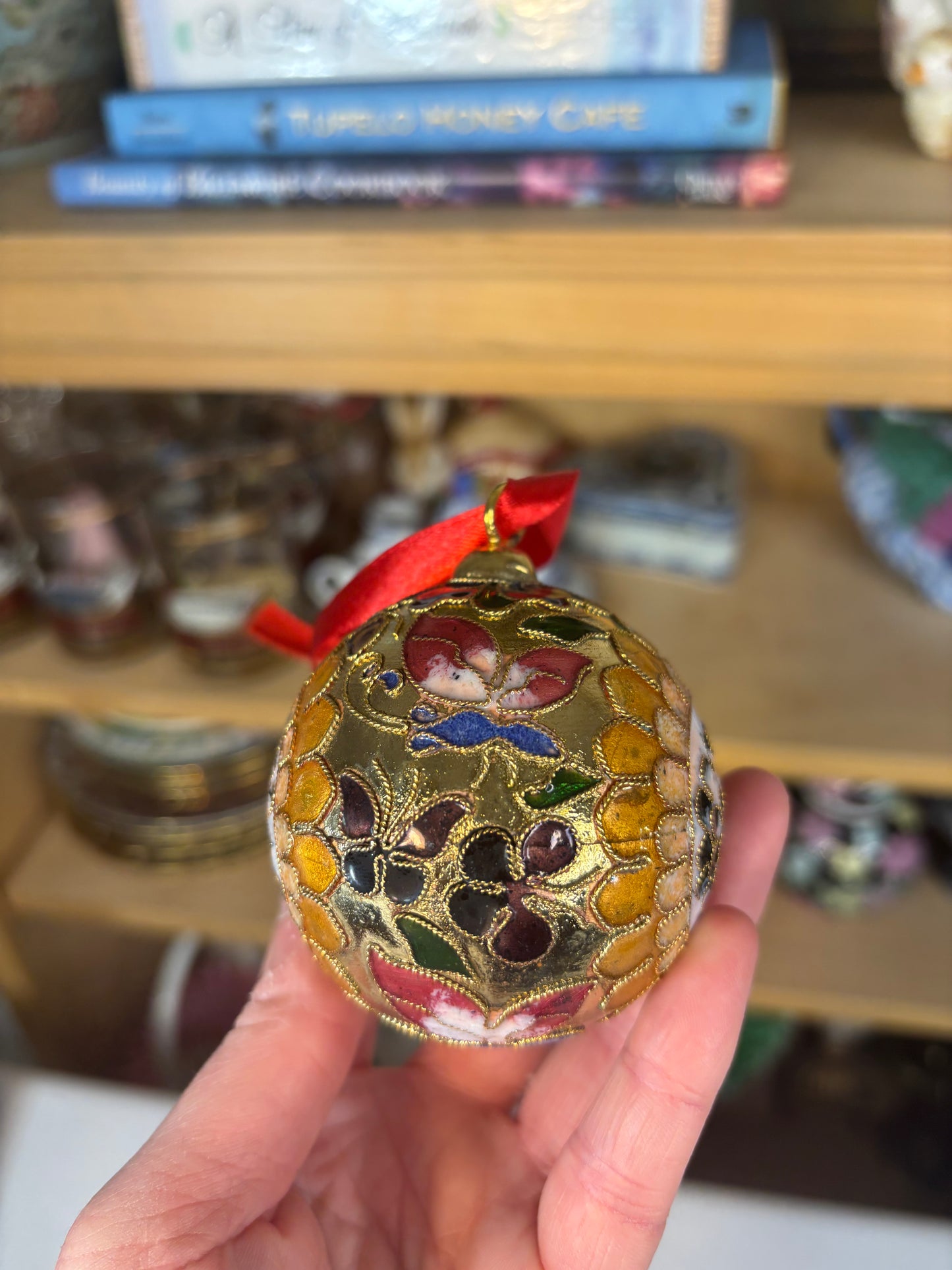 Beautiful sunflower cloisonné ornament with butterflies!
