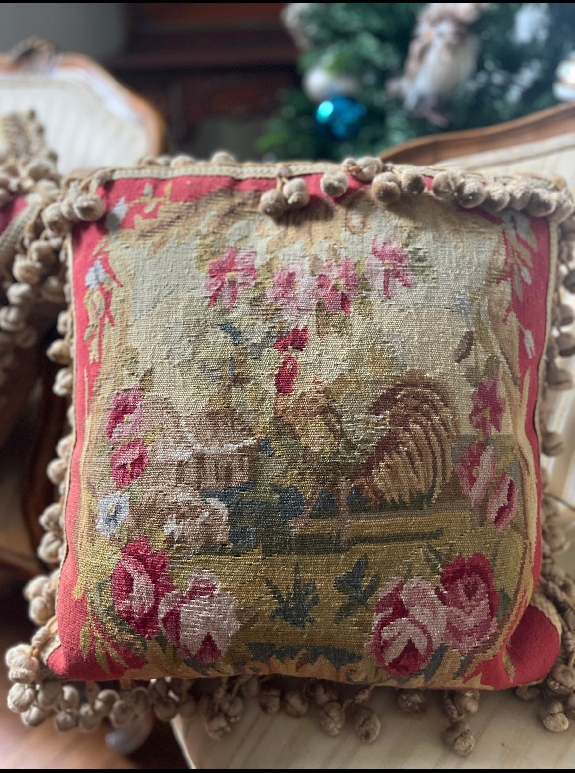 Pair of French Aubusson Hand Woven Mirror Image Rooster Pillows with Café-Latte Velvet Backs