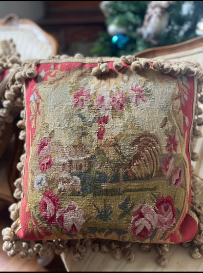 Pair of French Aubusson Hand Woven Mirror Image Rooster Pillows with Café-Latte Velvet Backs