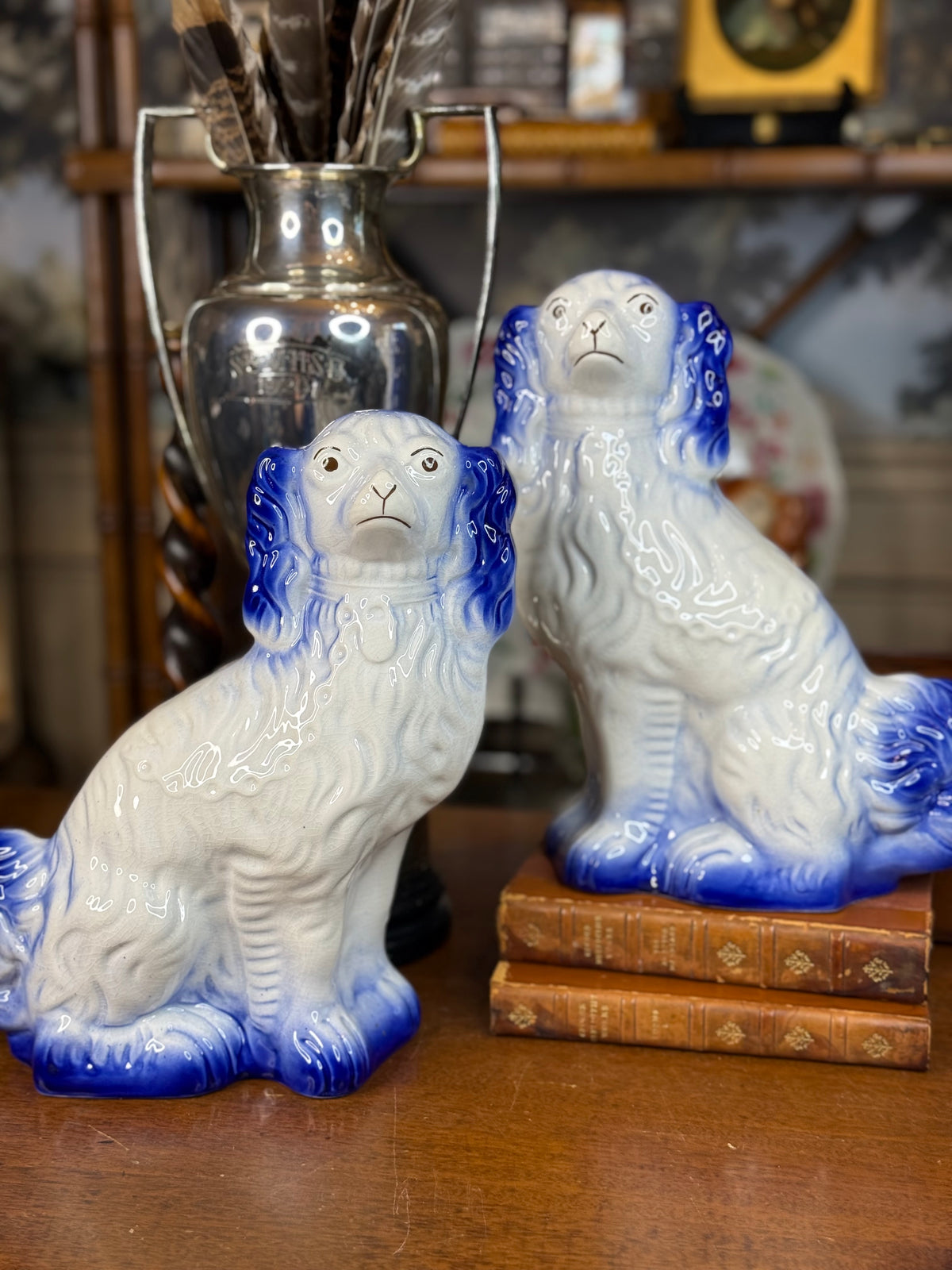 Pair of Vintage English Arthur Wood Staffordshire Spaniel Dogs, Cobalt Blue & White, c. 1930–1950 – 11.5”H