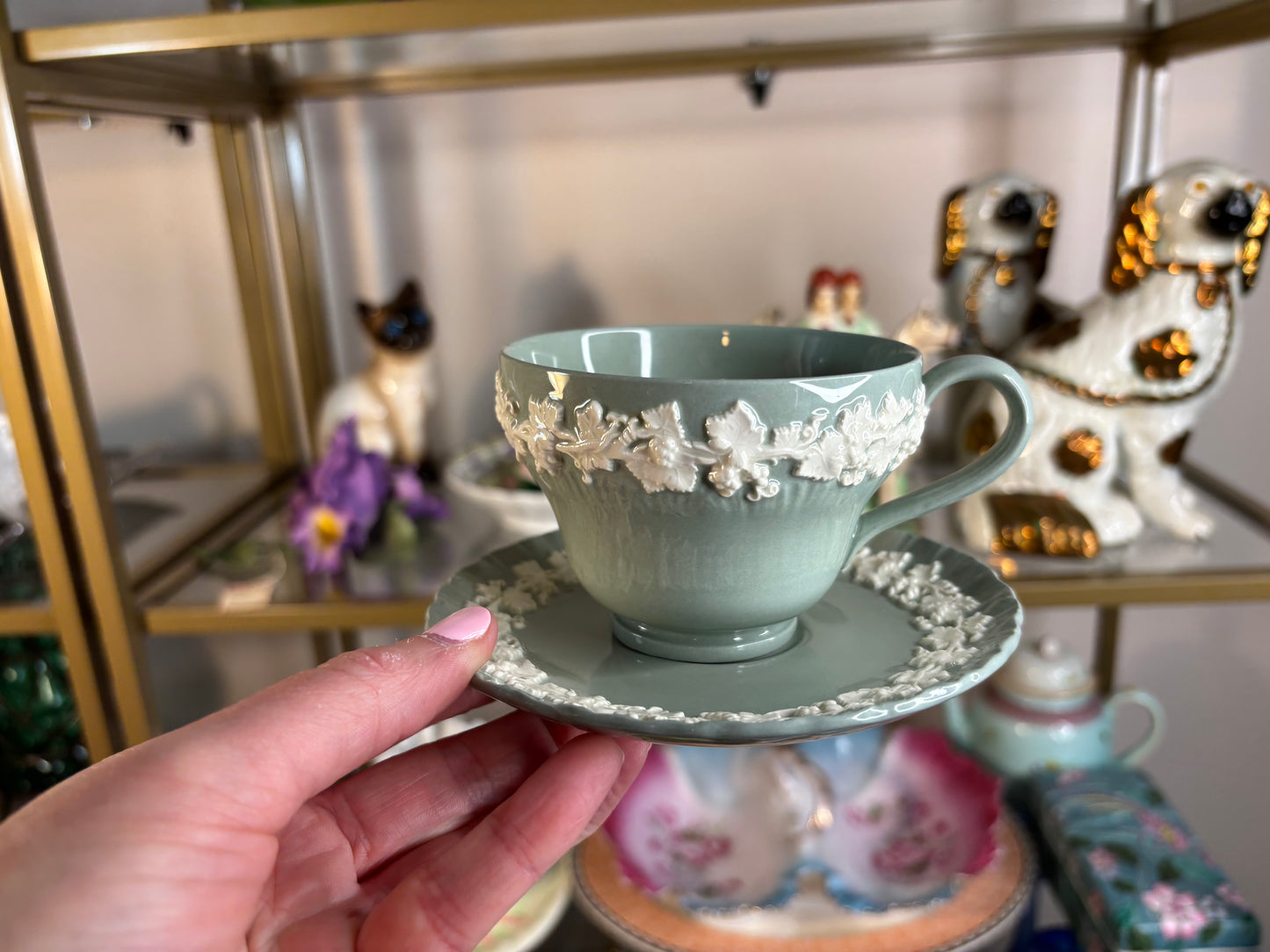 Lovely Wedgwood Queensware green and white teacup and saucer set!