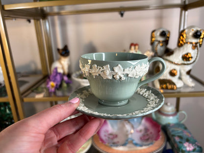 Lovely Wedgwood Queensware green and white teacup and saucer set!