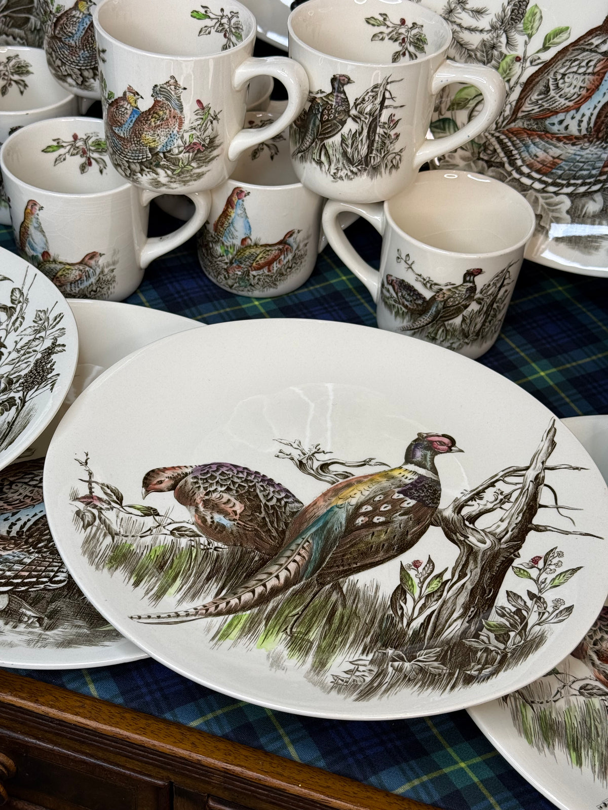 Vintage Johnson Brothers “Game Birds”English Dinnerware Set | 17 Pieces | 8 Dinner Plates, 8 Mugs & Large Platter | Vintage England
