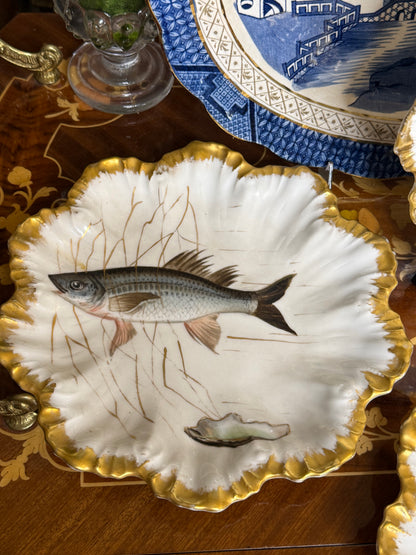 RESERVED - ANGIEFRIEND - Antique French Limoges Hand-Painted Fish Plates with Gilt Scalloped Rims | Set of 5 | 9”