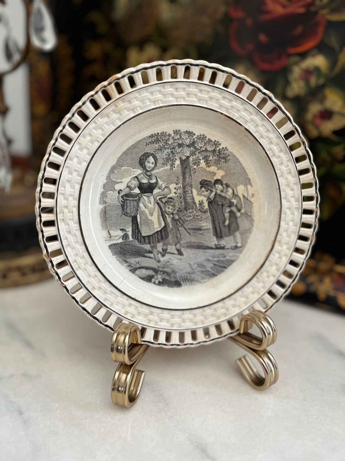 Early 19th Century Staffordshire Transferware Pierced Rim Plates – Romantic Pastoral Scenes – Set of Five, 8”