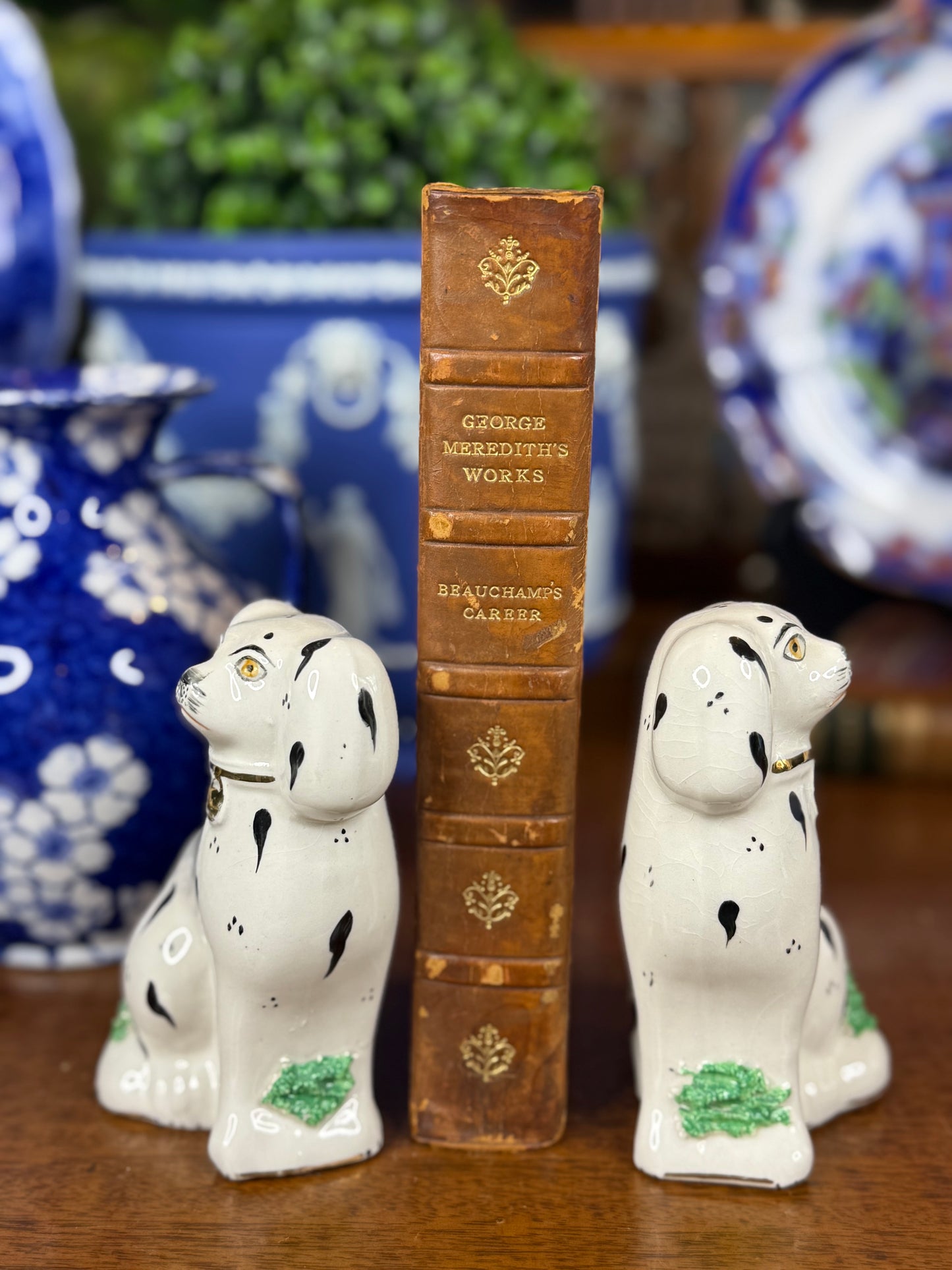 Pair of Kent Staffordshire Ware Dalmatian Dog Figures | Black, White, Green & Gilt | Mid-20th Century | 4.5” H × 3” W × 2” D Each