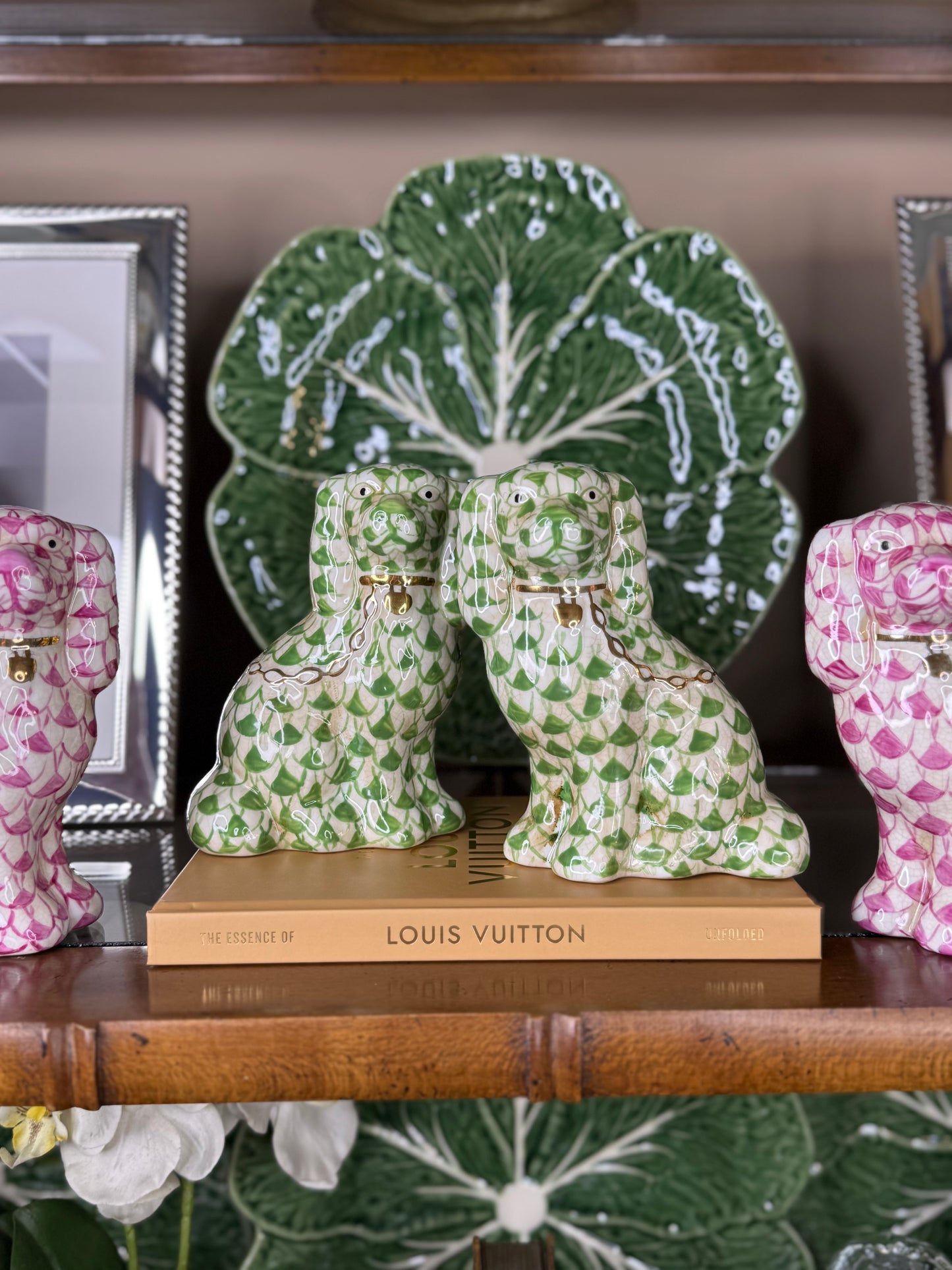 Danny’s Fine Porcelain | Fishnet Lime Green Spaniel Dog Figure Pair W/ Gold Accent (5.5”H X 9Lx2W)