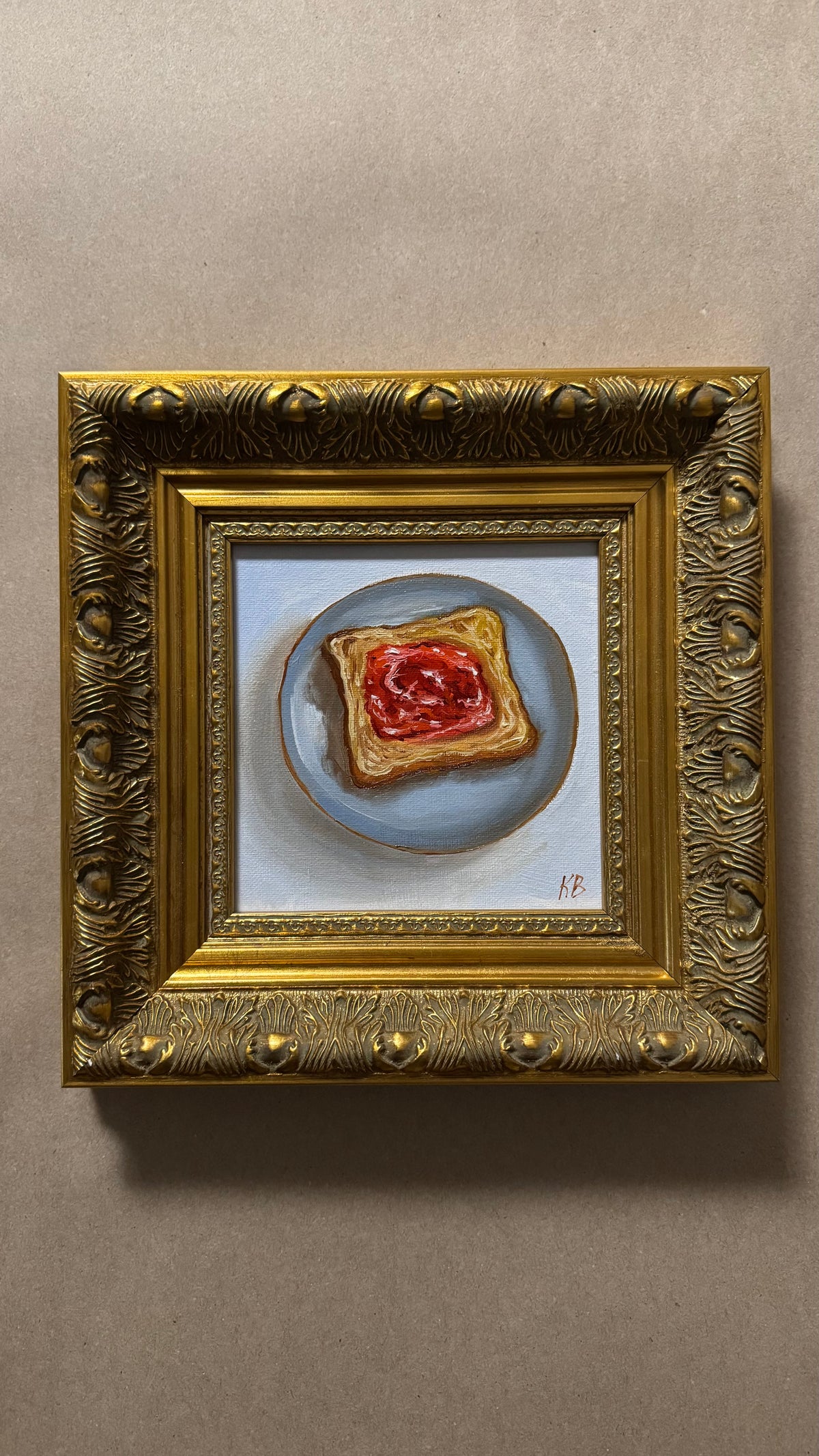 Toast with Strawberry Jam Original Framed Oil Painting Kitchen Wall Art