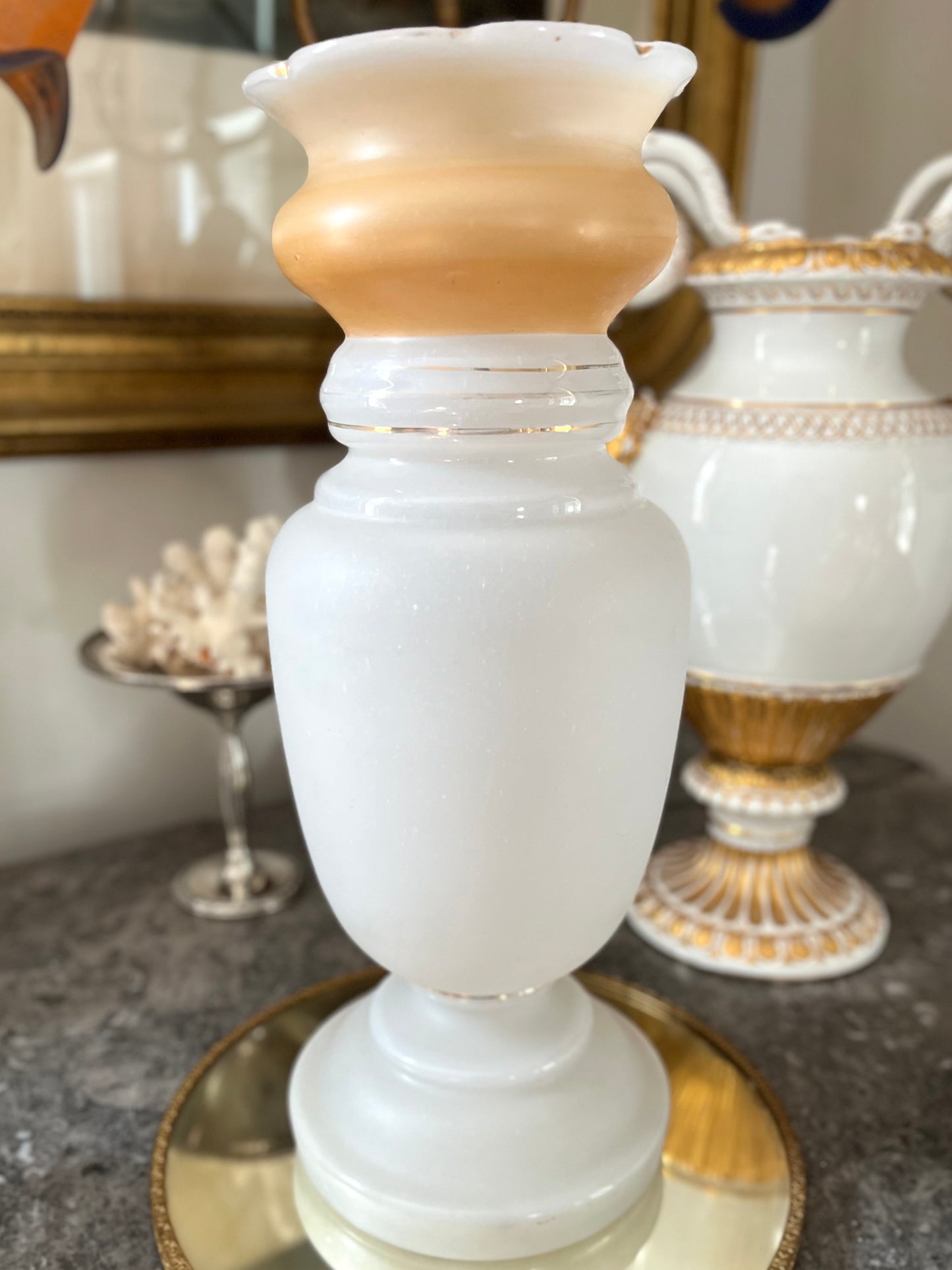 Live 08/11 Tall Antique Hand Painted/Hand Blown (Pontil Visible) Opaque Glass Victorian Vase - 14 1/4”