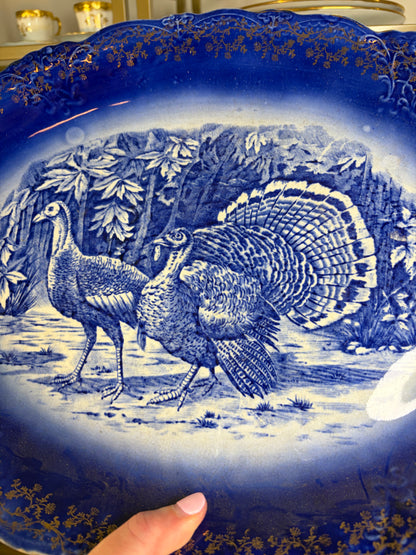 Antique flow blue turkey platter with gold details!