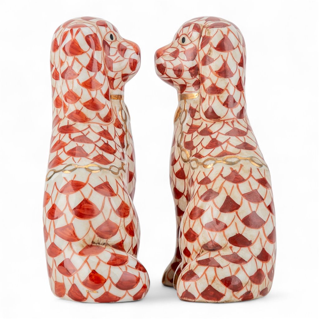 Danny’s Fine Porcelain Rust & White Spaniel Dog Figure Pair W/ Gold Accent (2 sizes to choose).
