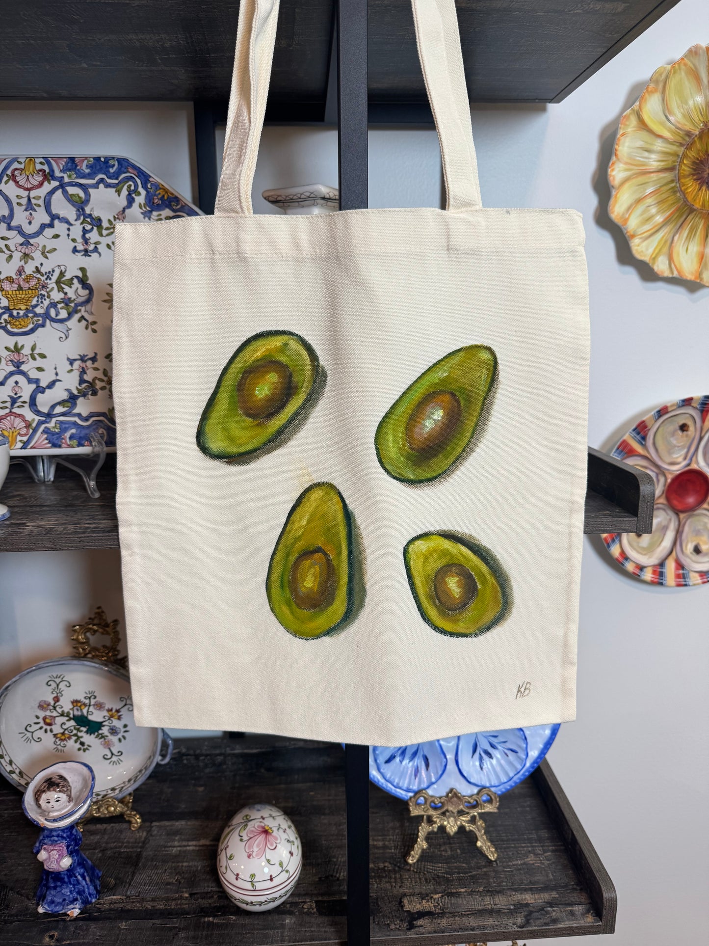 Avocado hand painted tote bag 15x14”