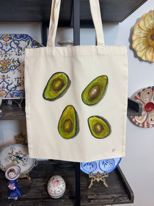 Avocado hand painted tote bag 15x14”