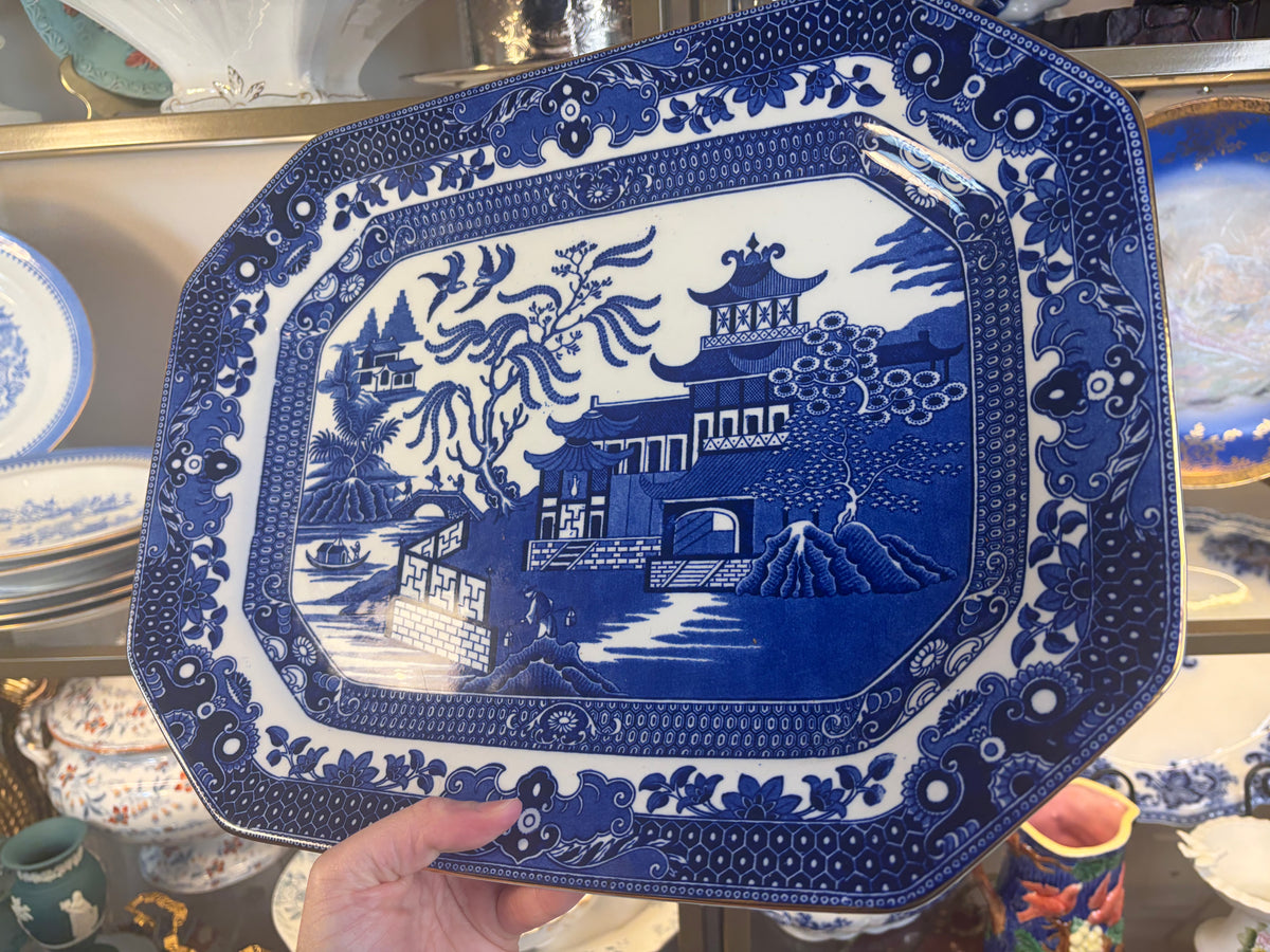 Lovely vintage Burleigh Ware Blue Willow 15.5” Serving Platter made by Burgess & Leigh in Burslem, England! Has gold rim! Circa 1920-1930
