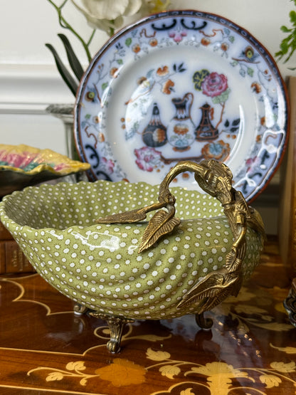 Danny’s Fine Porcelain Limited Edition Bronze Shell Footed Bowl | Olive Green Polka Dot Porcelain Centerpiece | 9”