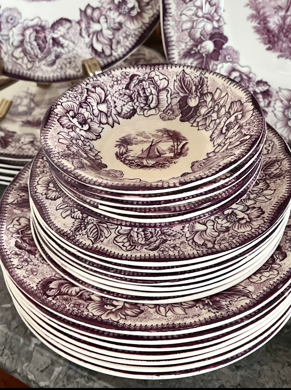 Rare Expansive Mulberry Transferware - Safe Harbour Royal Staffordshire - Service In Mint Condition