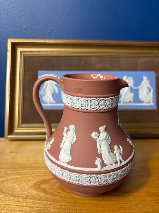 Wedgwood Jasperware terracotta pitcher with gorgeous floral borders!