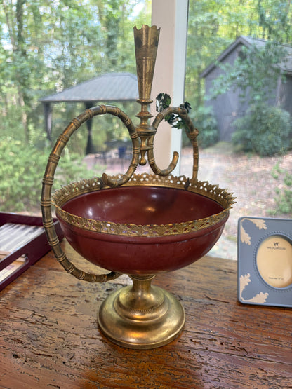Lovely decorative brass centerpiece bowl or tazza featuring a reddish-maroon enameled body!