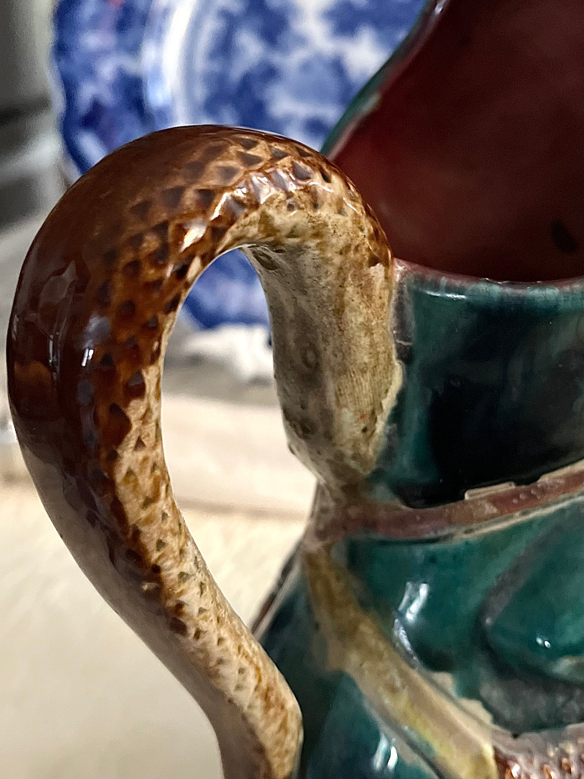 Older HTF Textured English Victorian Majolica Frog & Snake Pitcher, circa 1870 Repairs - Priced accordingly