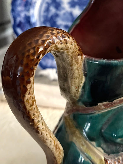Older HTF Textured English Victorian Majolica Frog & Snake Pitcher, circa 1870 Repairs - Priced accordingly
