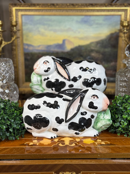 Pair of Chelsea House, Italian Ceramic Rabbits by Georgian Society | Black & White Bunny Figurines | 11” Long