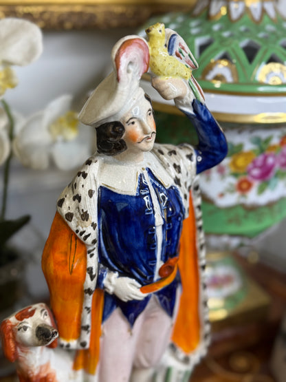 Antique Staffordshire Figure of Huntsman with Dog & Bird – 14” Tall Hand-Painted English Pottery