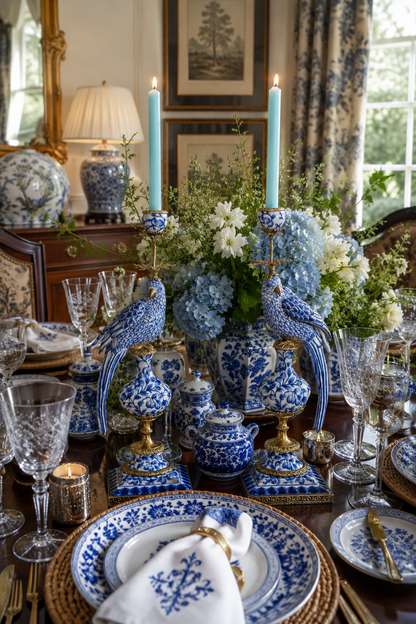 Danny's Fine Porcelain - 21” Blue & White Bronze Bird pair Candle holders (2) Pair
