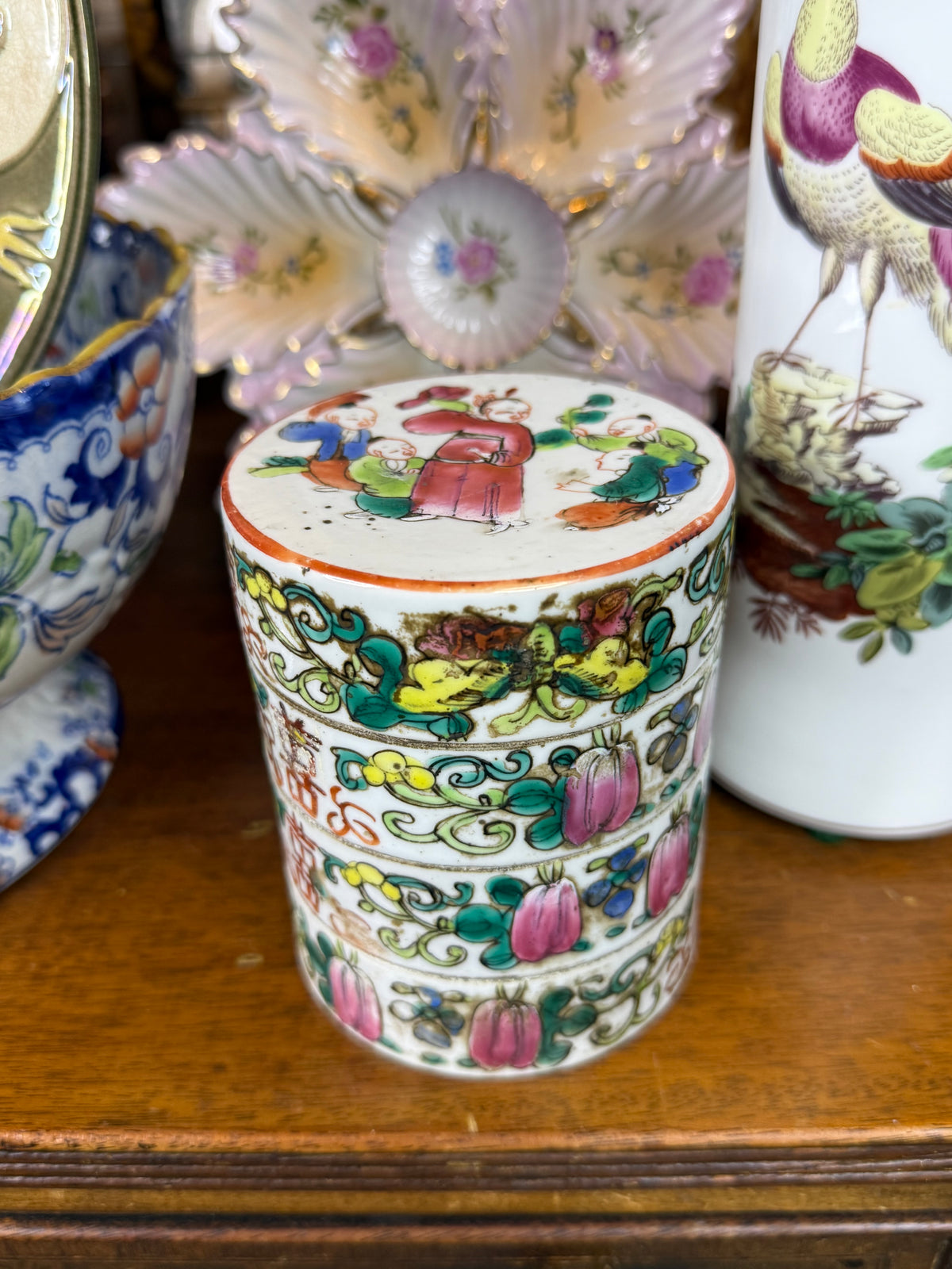 Antique Chinese Famille Rose Stacking Box | Children & Double Happiness Motif | Qing Dynasty | 4” H × 3.5” D