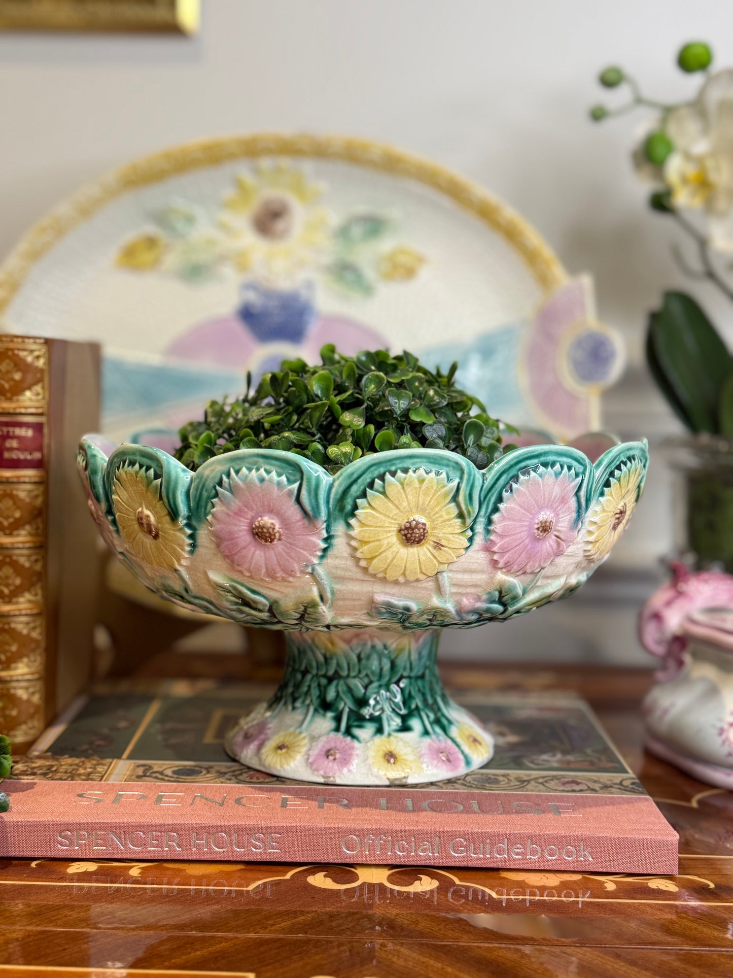 Antique Griffen, Smith & Hill Etruscan Majolica Floral Pedestal Compote Bowl | 9” x 5”