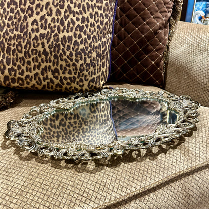 Gorgeous  brass ormolu floral reticulated brass mirrored vanity tray 19 in