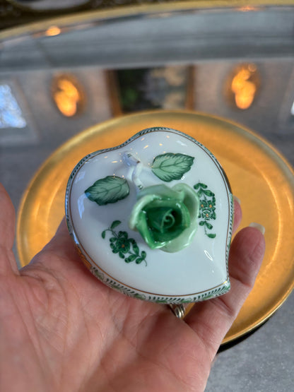 Reserved for LH Herend Green Apponyi Heart Shaped Box with Rose Finial