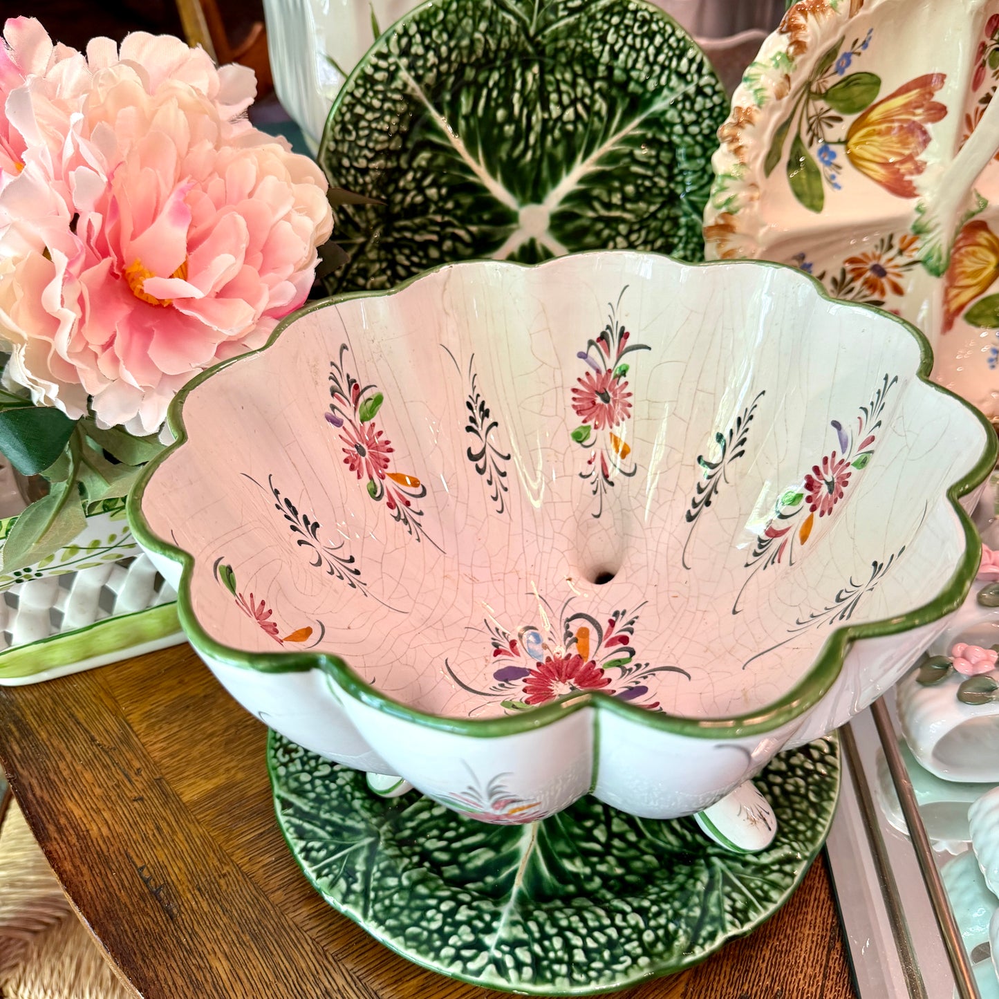 Gorgeous green scalloped tripod planter centerpiece bowl made in Portugal