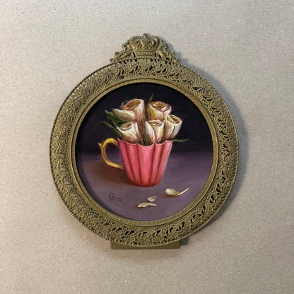 White roses in pink cup in royal frame original oil painting