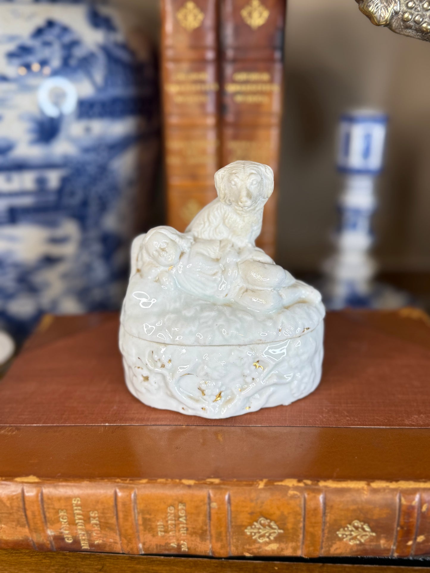 Antique Staffordshire-Style Spaniel & Child Box | c. 1850–1870