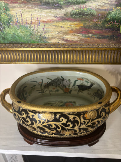 Stunning 18” Handpainted black and gold footbath  planter on stand!